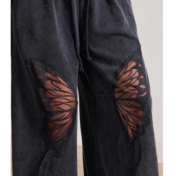 Mineral Wash Stretchy Waist Butterfly Cut out Wide leg Pants - Picture 3 of 7